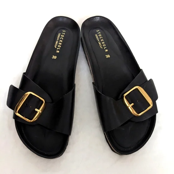 Stockholm Design Group Genuine Leather Black Big Buckle Cork Bed Sandals Size 39 - Picture 10 of 14